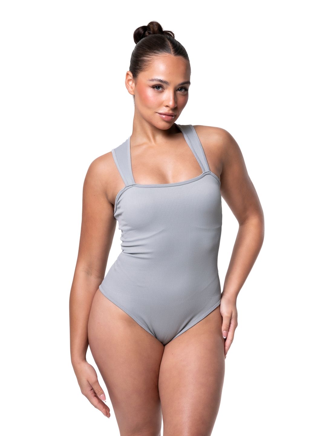 Prążkowane Body Modelujące z Kwadratowym Dekoltem