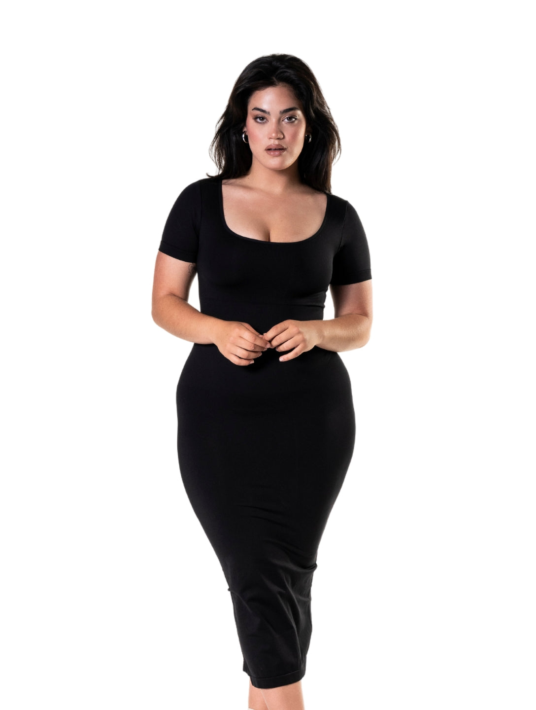 Sukienka Midi Bodycon Shapewear z Krótkimi Rękawami i Rozcięciem