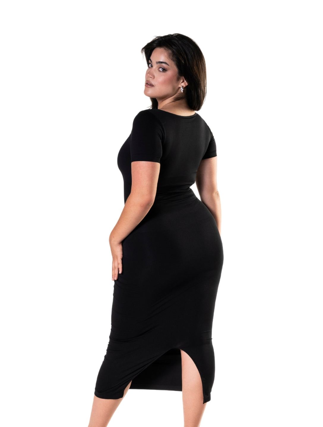 Sukienka Midi Bodycon Shapewear z Krótkimi Rękawami i Rozcięciem