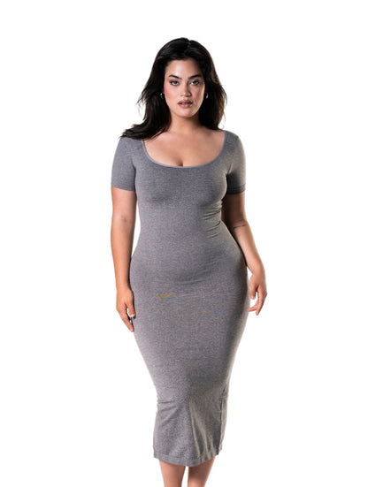 Sukienka Midi Bodycon Shapewear z Krótkimi Rękawami i Rozcięciem