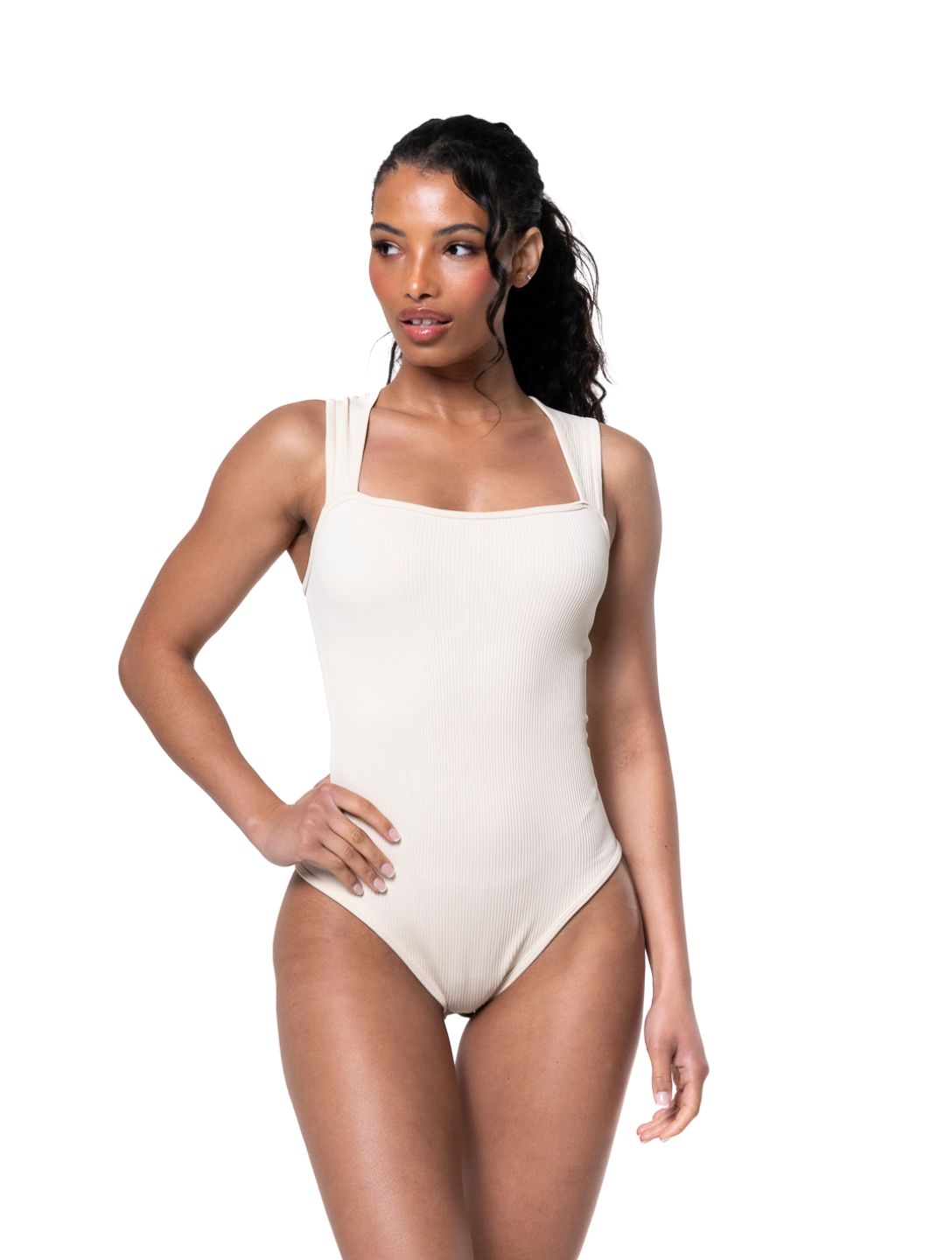 Prążkowane Body Modelujące z Kwadratowym Dekoltem